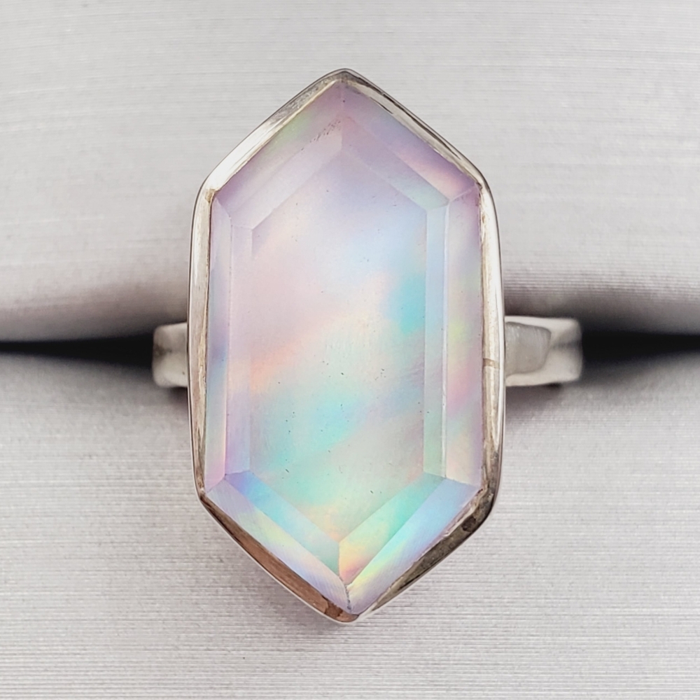 925 Sterling Silver Iridescent Hexagon Gemstone Ring – Opalite Aura Glow